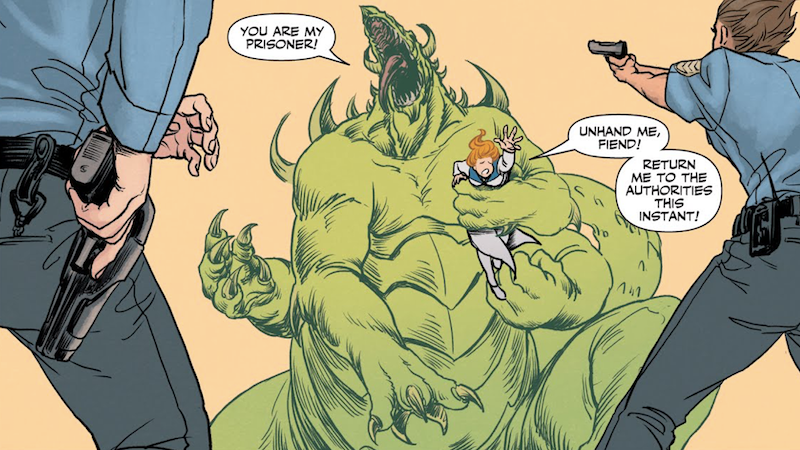 Faith being held hostage by a suspicious kanji dinosaur.